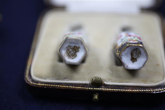 A pair of Royal Worcester miniature hexagonal scale blue jars and covers, c.1910, height 3.5cm, in a fitted case